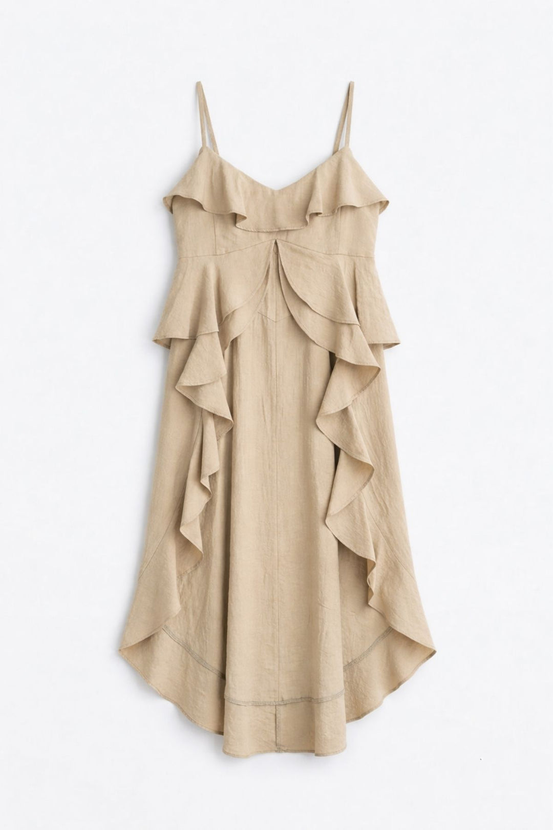 Askılı Volanlı Asimetrik Bluz Bej