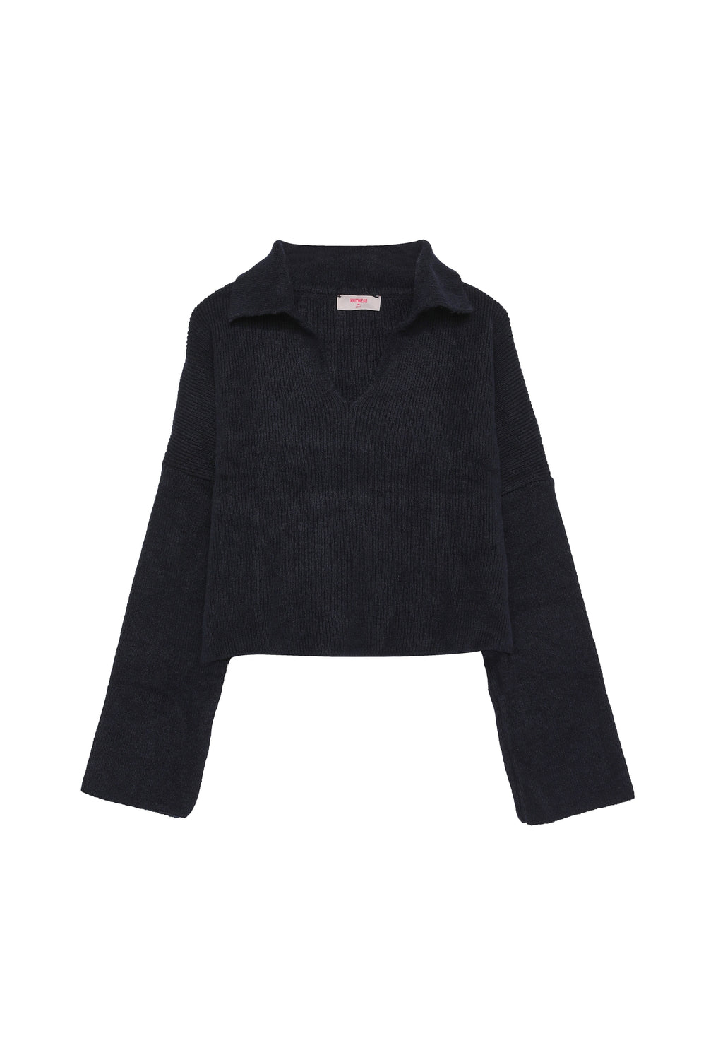 Shirt Collar Crop Sweater Navy Blue