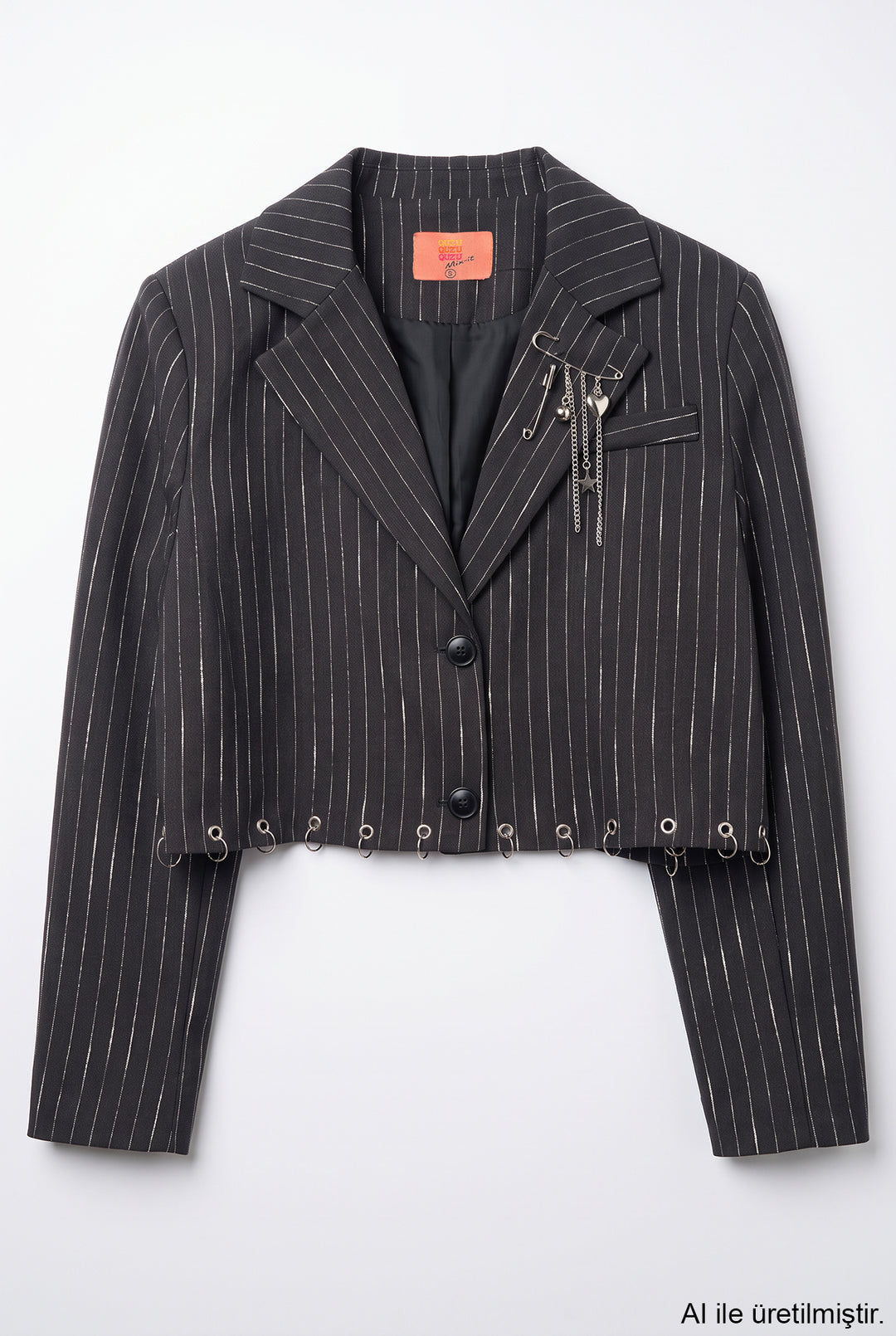 Çizgili Kuşgözü Detaylı Crop Blazer Ceket Antrasit