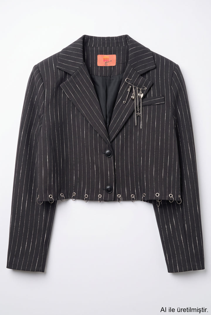 Çizgili Kuşgözü Detaylı Crop Blazer Ceket Antrasit