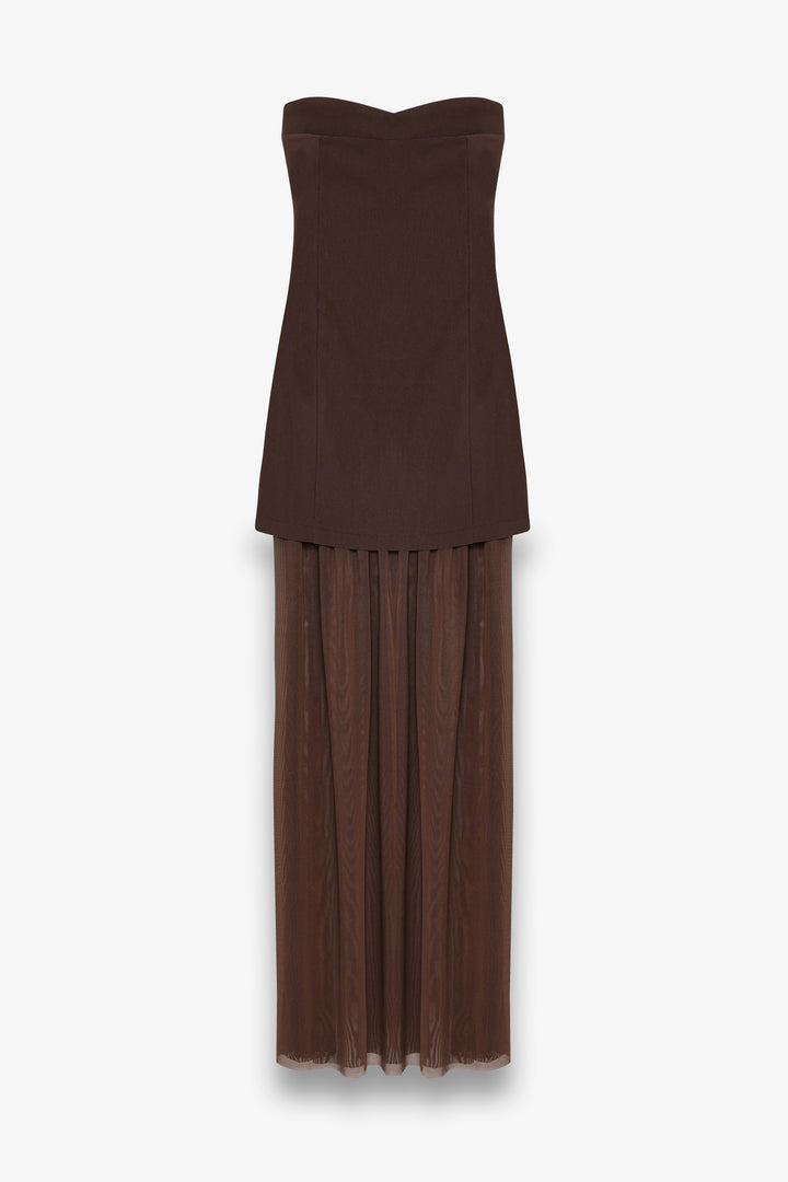 Straplez Kombine Midi Elbise Kahverengi