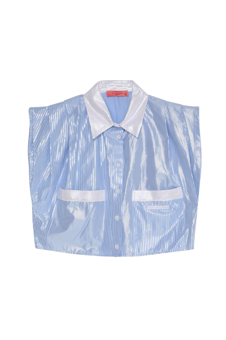 Parlak Çizgi Detaylı Crop Gömlek Mavi