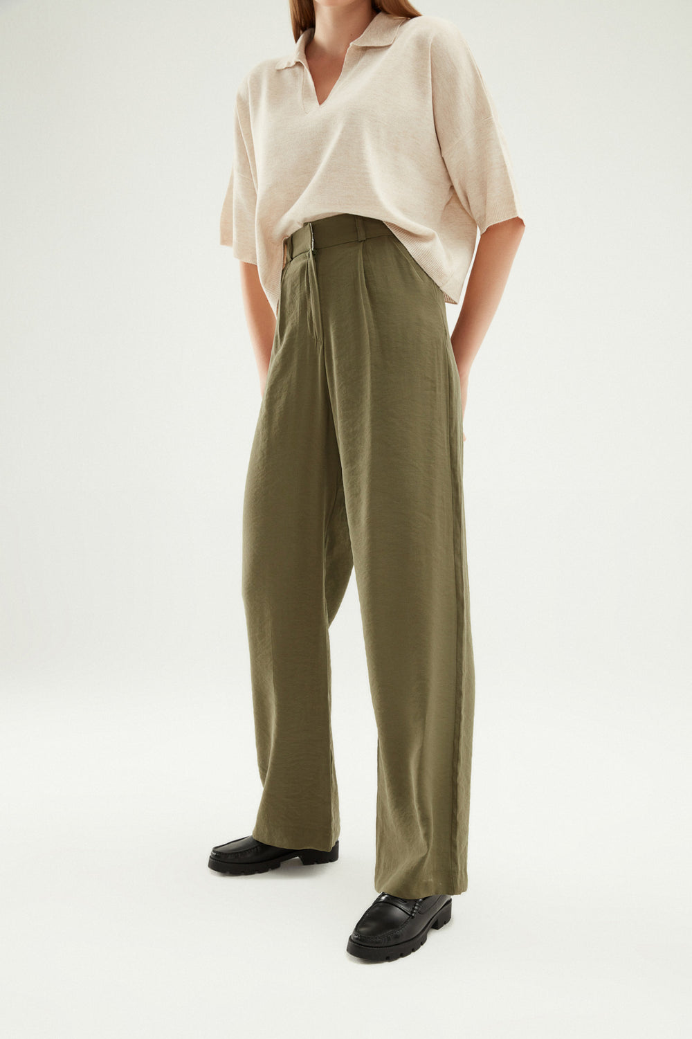 Yüksel Waist Wide Leg Trousers Khaki