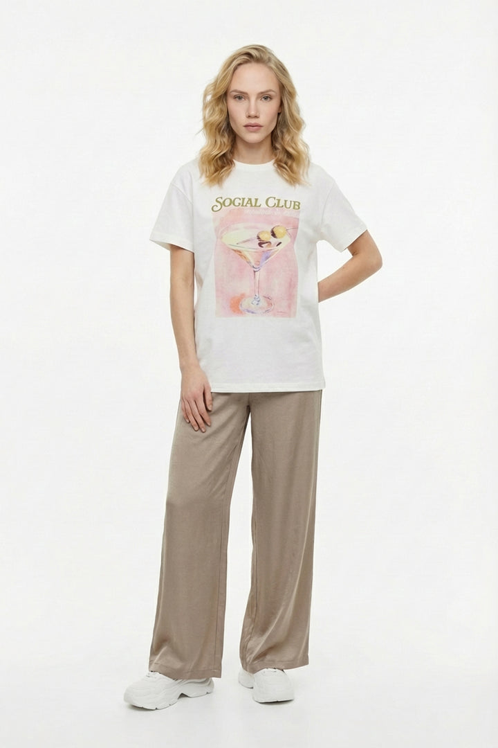 Kokteyl Baskılı Bisiklet Yaka Tişört Ekru