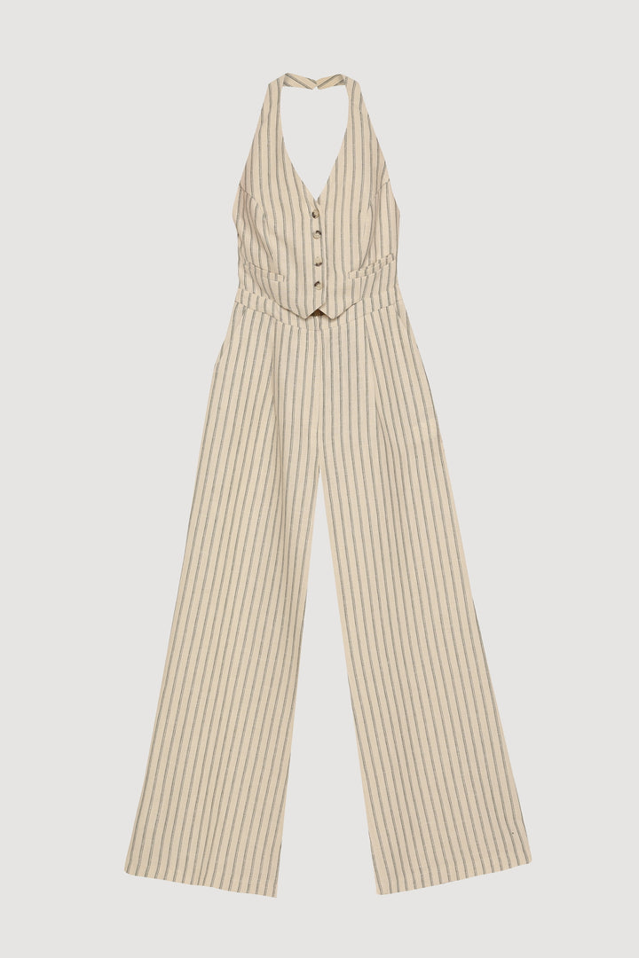 Halter Yakalı Çizgili Uzun Tulum Naturel