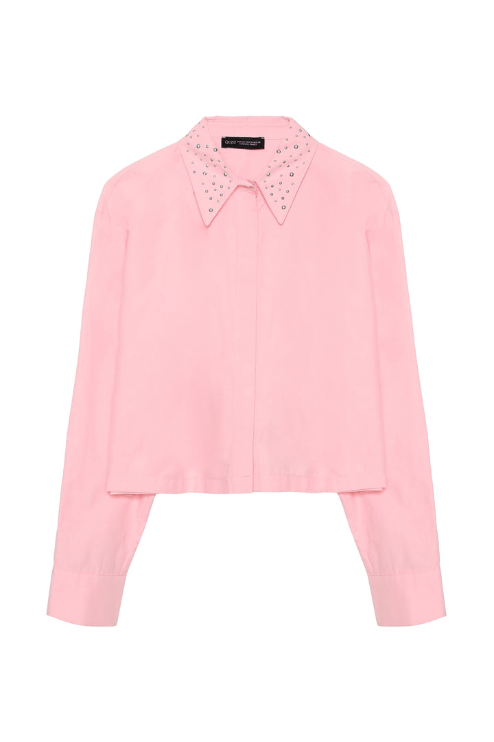 Trok Yaka Detaylı Crop Gömlek Pembe