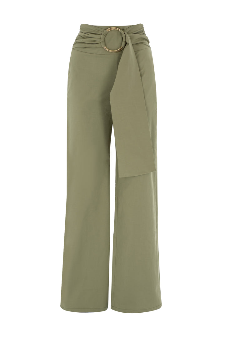 Toka Detaylı Yüksek Bel Bol Pantolon Haki