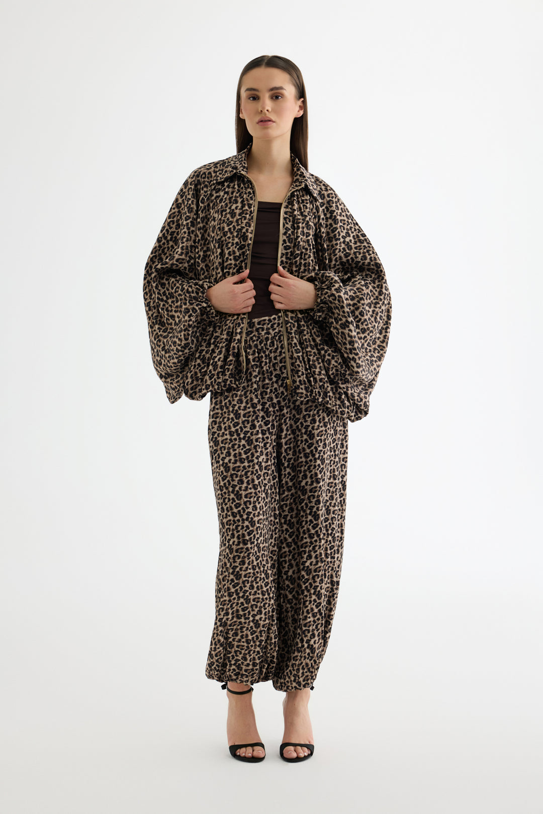 Leopar Desenli Saten Bomber Ceket Kahverengi