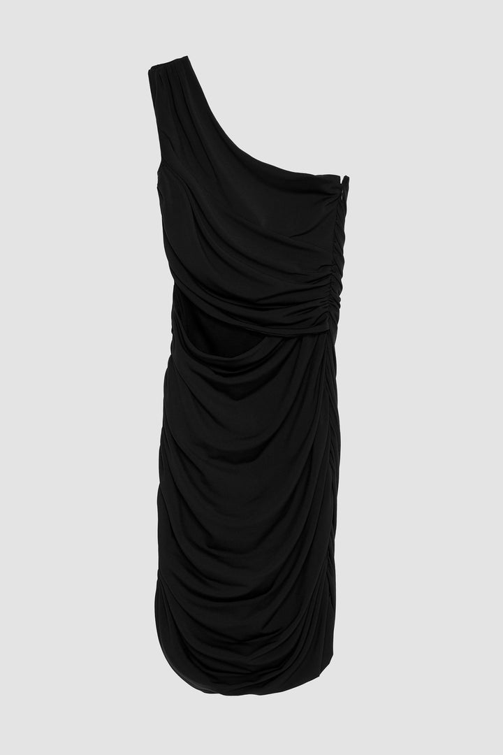 Drape Detaylı Tek Omuz Cut Out Mini Elbise Siyah