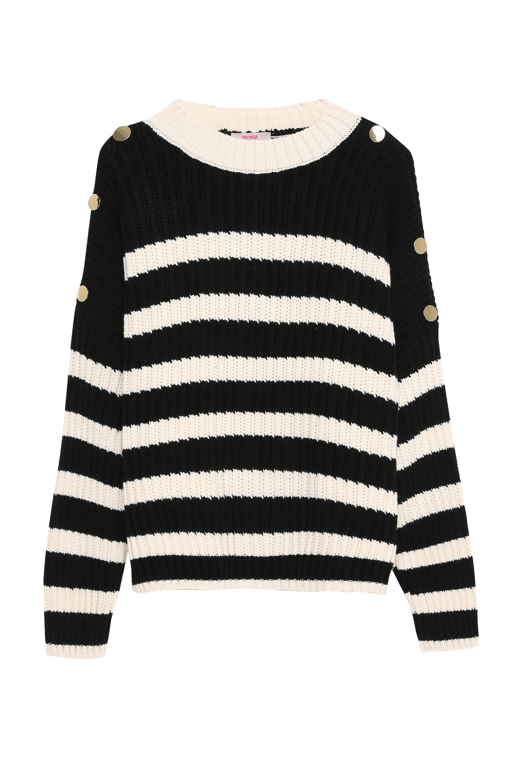 Buttoned Shoulder Striped Sweater Cream