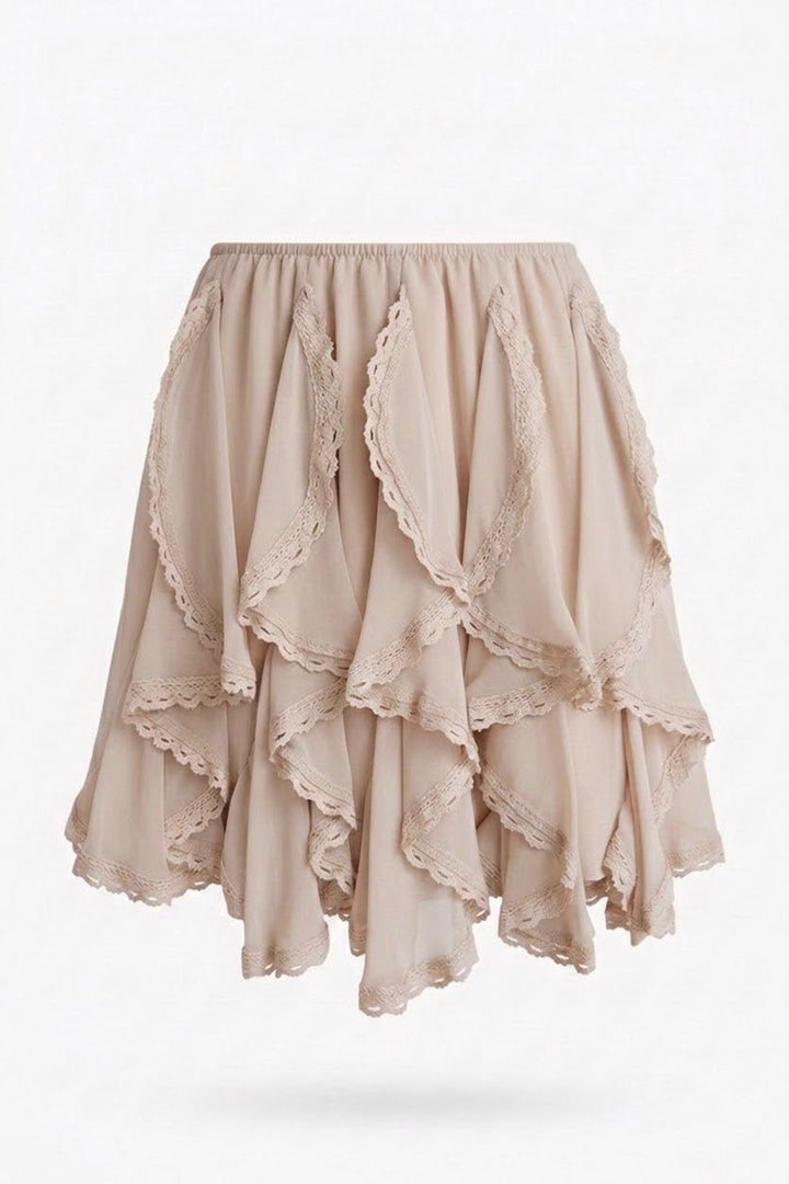 Beli Lastikli Dantel Şeritli Mini Etek Bej