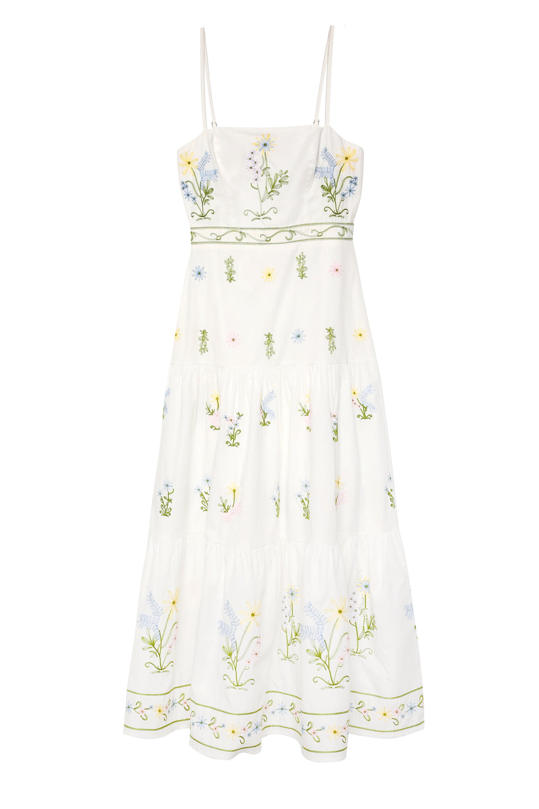 Çiçek Nakışlı Askılı Uzun Elbise Ekru