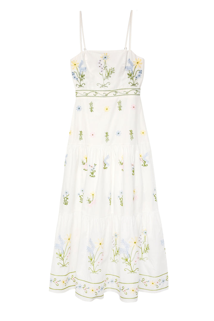 Çiçek Nakışlı Askılı Uzun Elbise Ekru