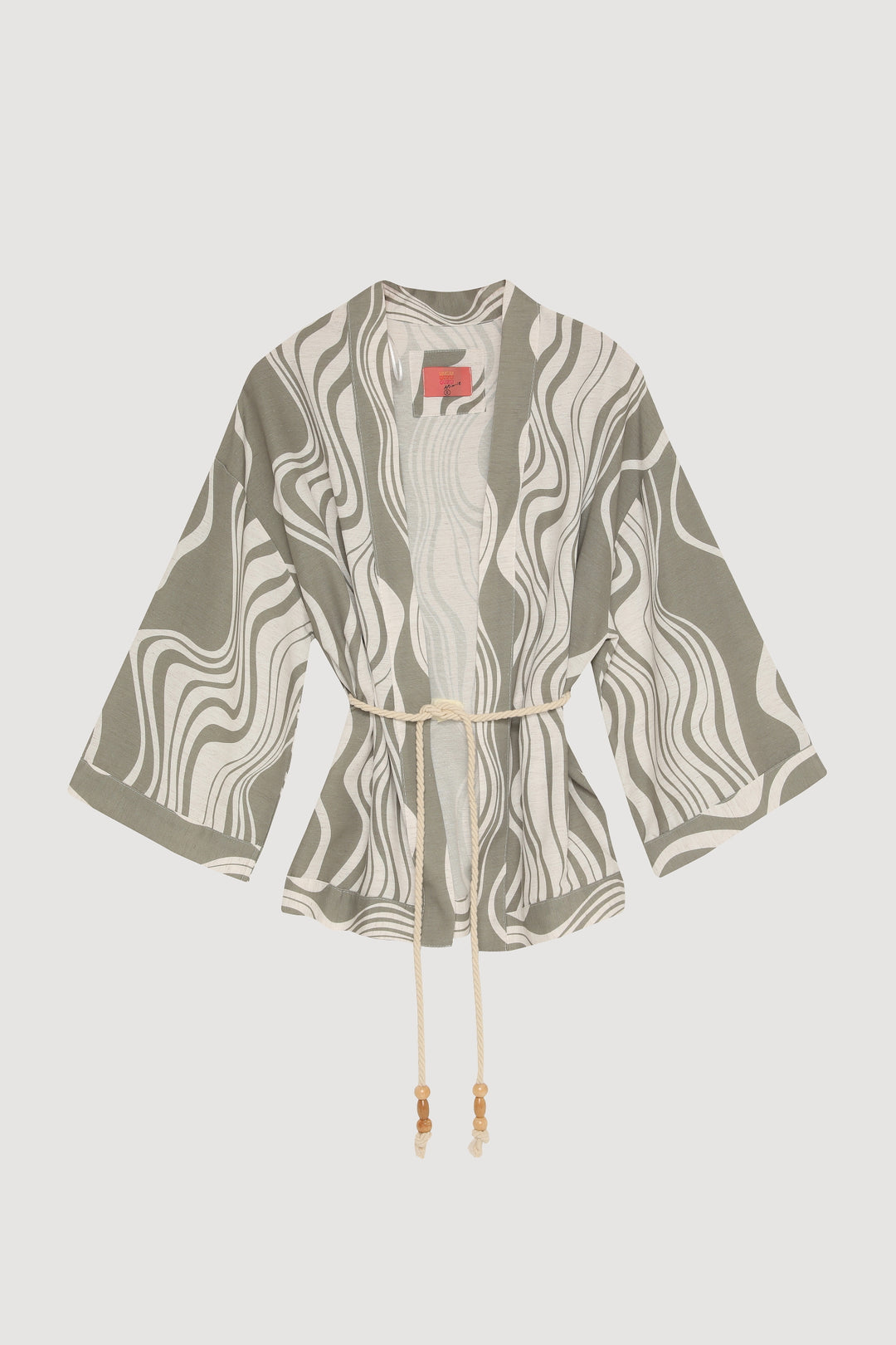 Dalga Desenli Bağlamalı Kimono Haki