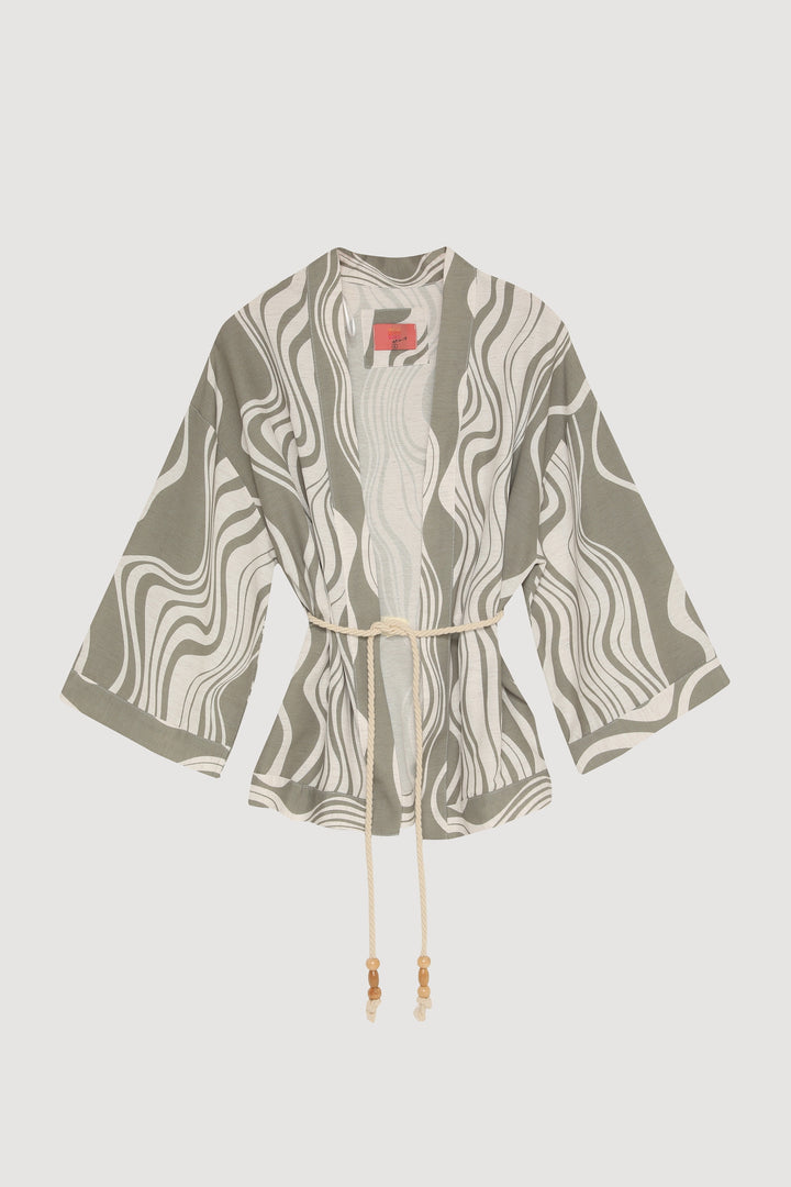 Dalga Desenli Bağlamalı Kimono Haki