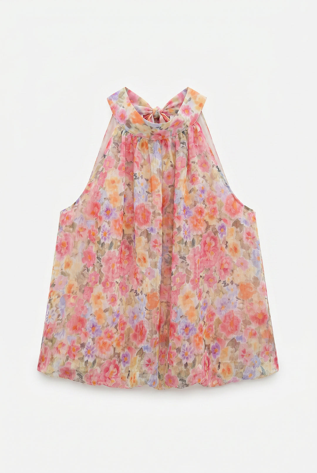 Çiçek Desenli Halter Yaka Crop Bluz Pembe