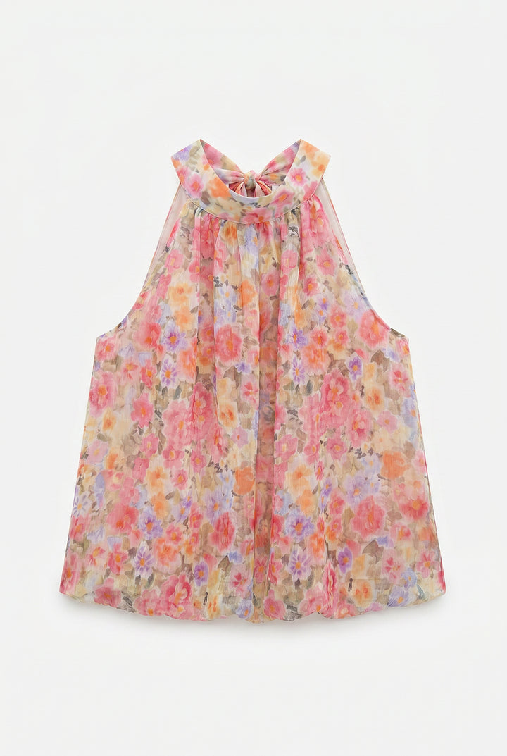 Çiçek Desenli Halter Yaka Crop Bluz Pembe