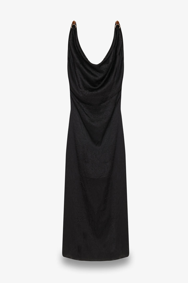 Sırt Bağlamalı Degaje Yaka Midi Elbise Siyah
