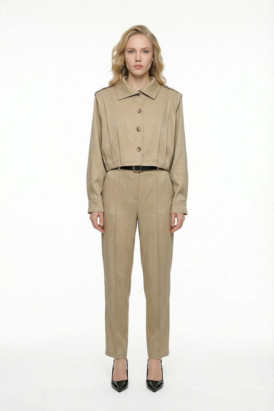 Apoletli Pile Detaylı Kısa Ceket Bej