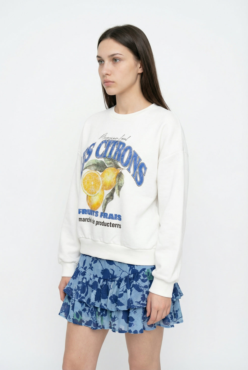 Limon Baskılı Bisiklet Yaka Oversize Sweatshirt Ekru