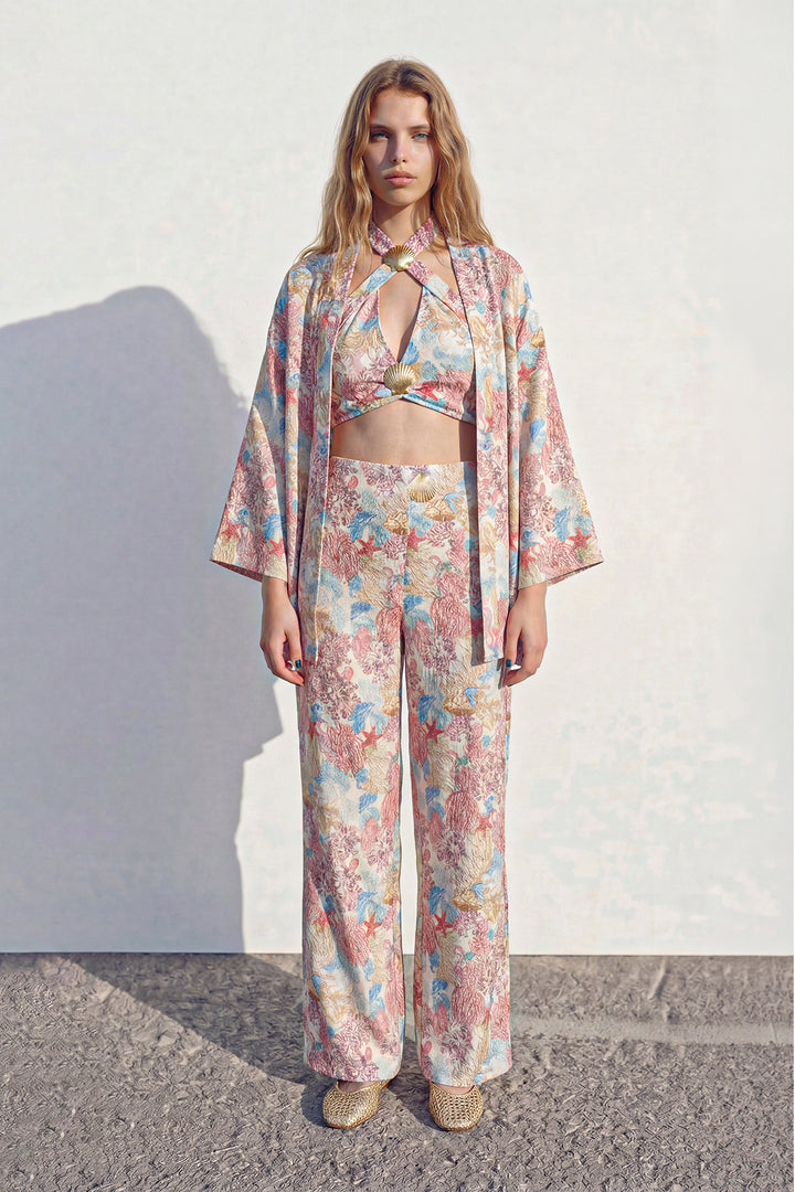 Çiçek Desenli Kısa Kimono Pembe