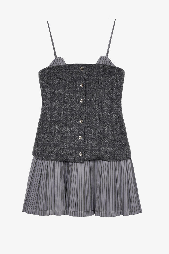 Tüvit Büstiyer Garnili Pileli Mini Elbise Antrasit