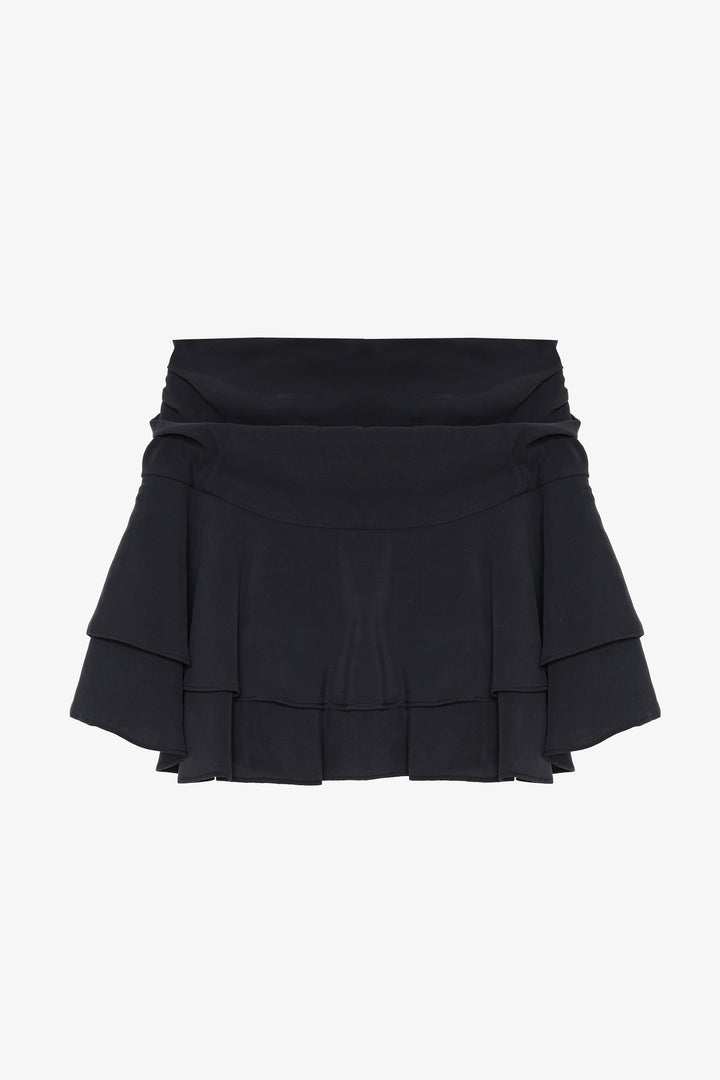 Katlı Volanlı Mini Etek Siyah
