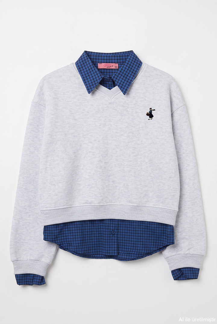 Ekose Garnili V Yaka Oversize Sweatshirt Karmelanj