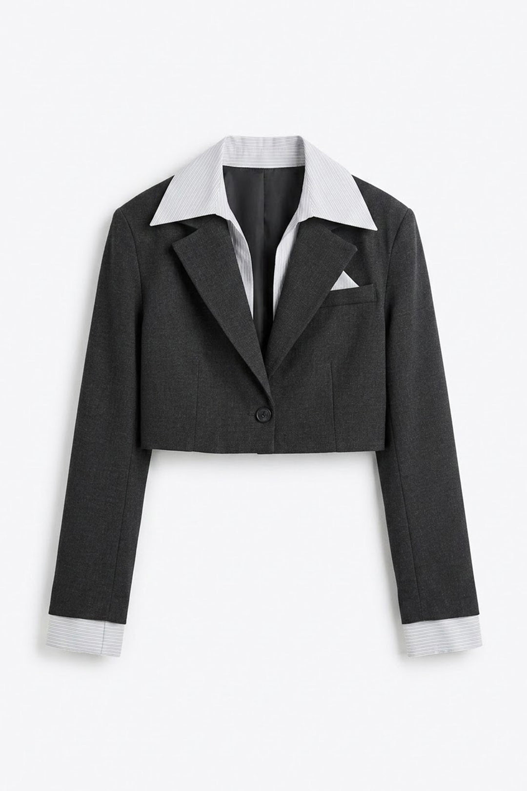 Gömlek Yaka Garnili Crop Blazer Ceket Antrasit