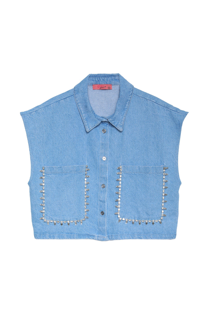 Taş Aksesuarlı Kolsuz Kot Gömlek Mavi