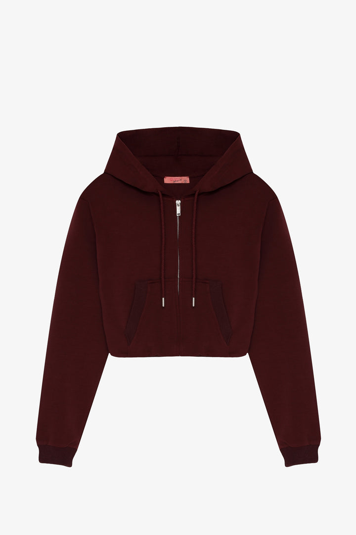 Kapüşonlu Fermuarlı Basic Sweatshirt Bordo
