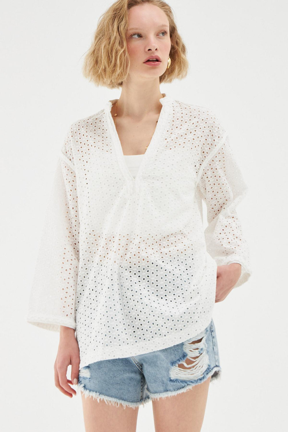 V Neck Guipure Blouse Ecru