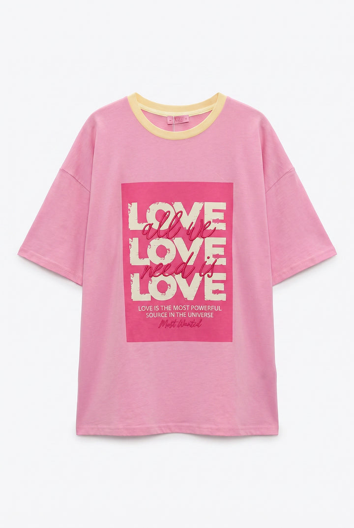 Love Yazı Baskılı Oversize Tişört Pembe
