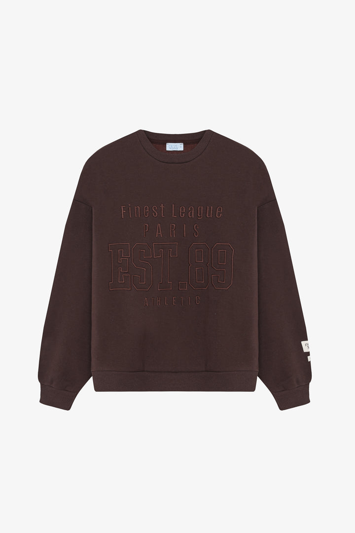 Kabartma Yazı Nakışlı Oversize Sweatshirt Kahverengi