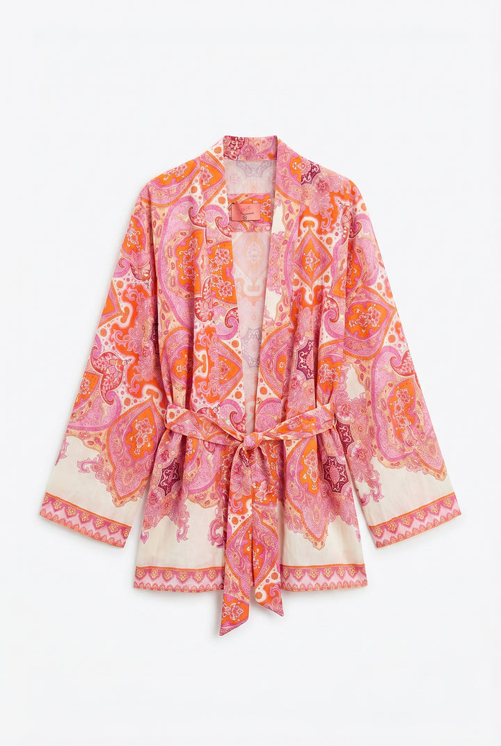 Şal Desenli Kuşaklı Kısa Kimono Pembe