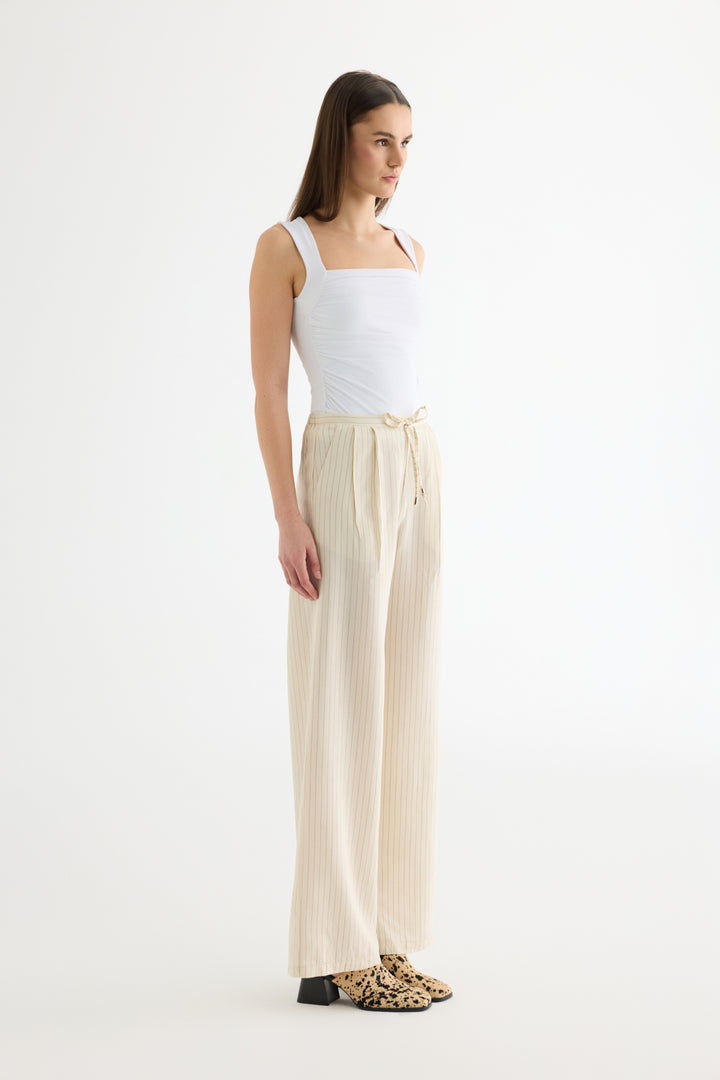 Çizgili Bağcıklı Bol Paça Pantolon Ekru