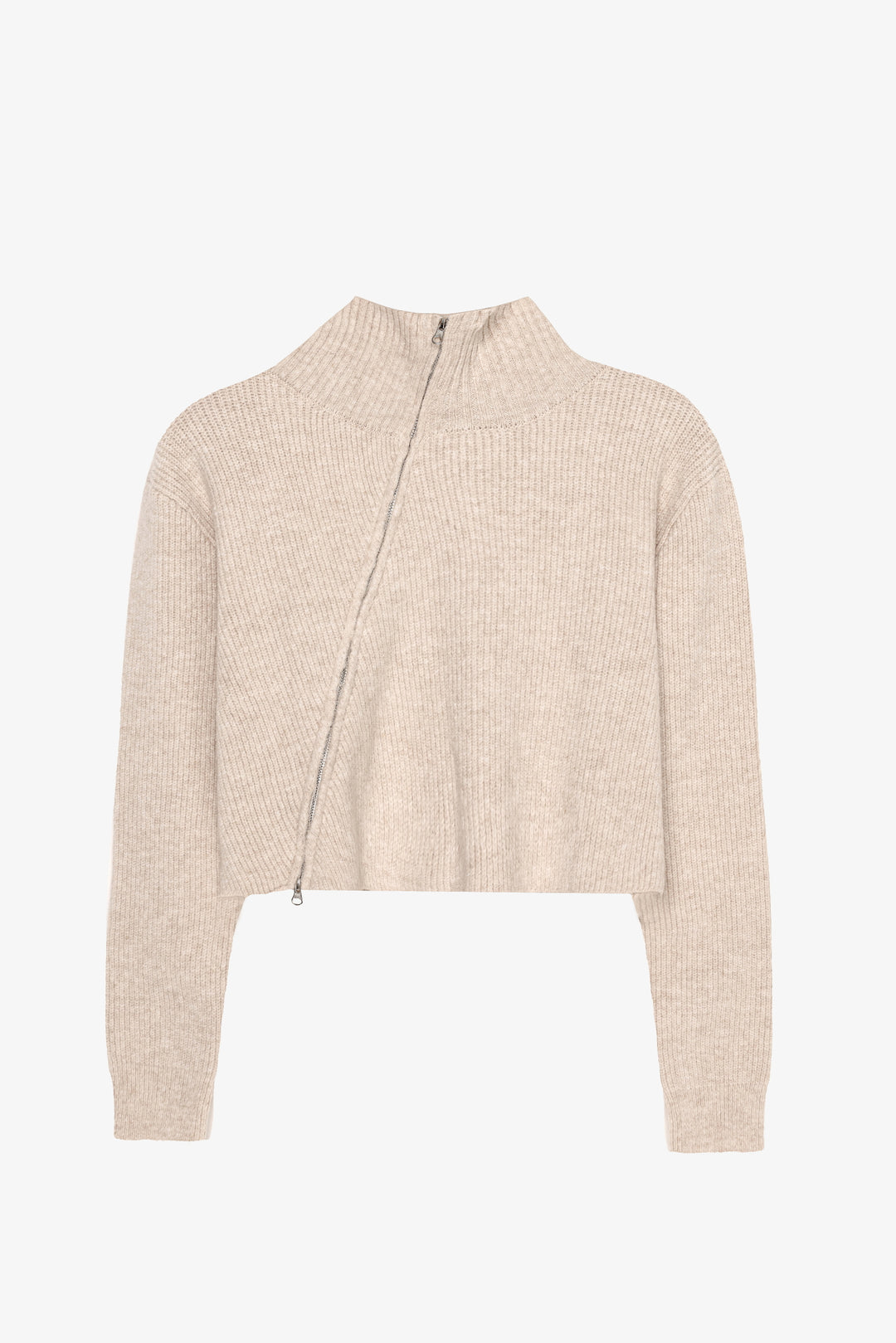 Asimetrik Fermuarlı Triko Kazak Taş