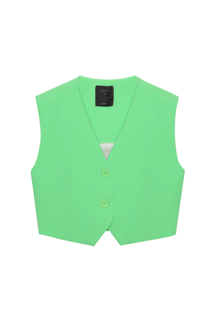 Düğme Detaylı Kısa Yelek Ceket Yeşil