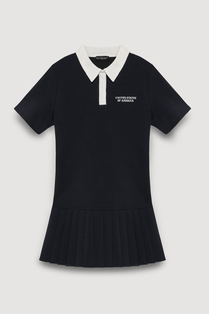 Polo Yaka Pileli Mini Elbise Lacivert