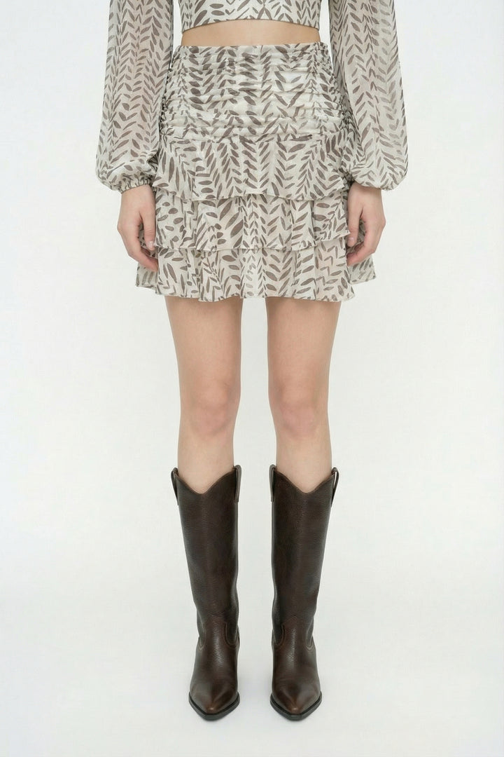 Desenli Fırfırlı Mini Etek Haki