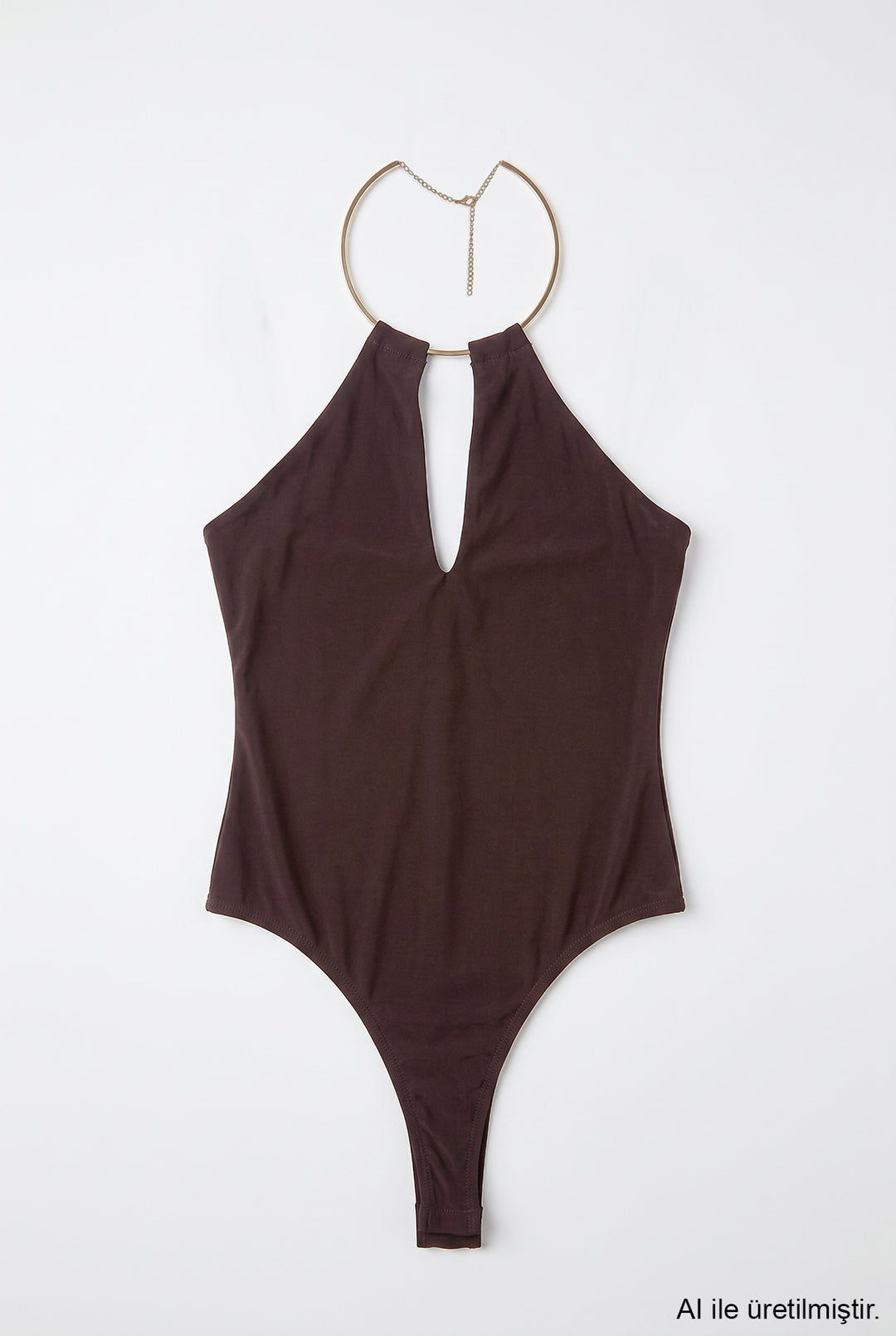 Gold Halka Aksesuarlı Bodysuit Kahverengi