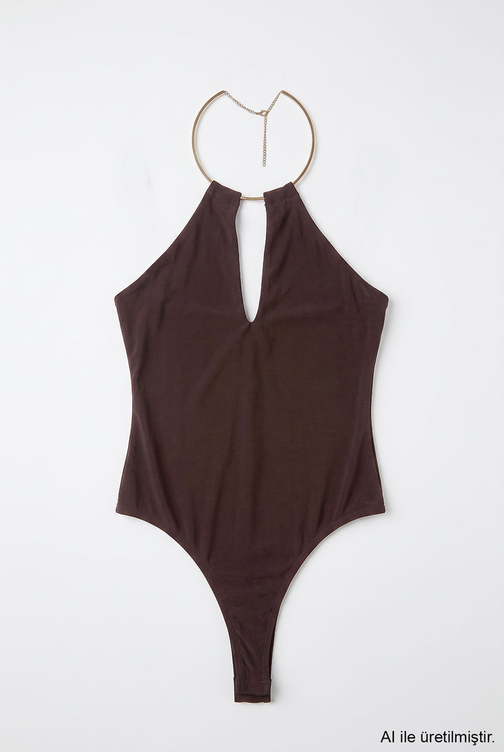 Gold Halka Aksesuarlı Bodysuit Kahverengi