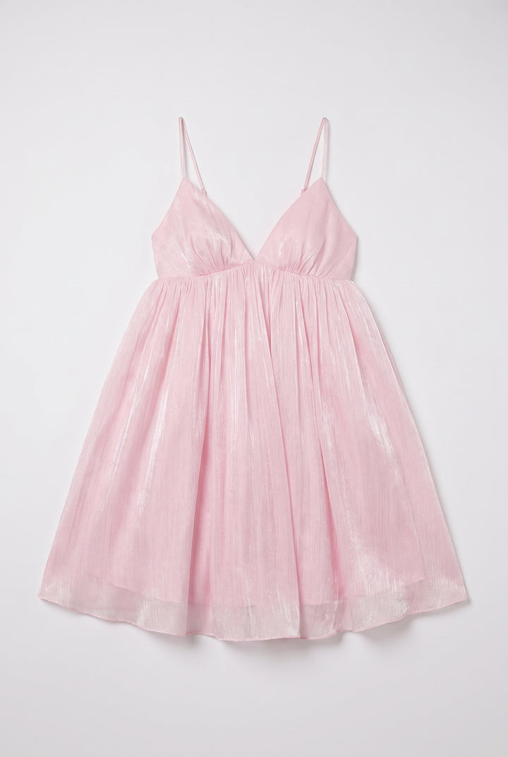 V Yaka Sırtı Çapraz Askılı Tül Mini Elbise Pembe