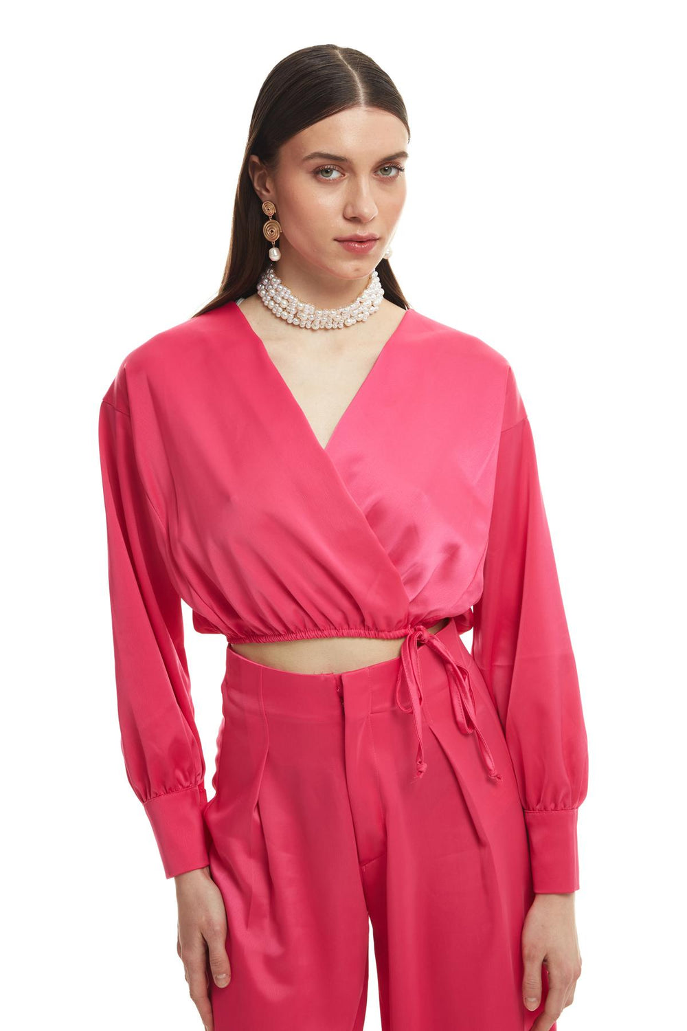 Double Breasted Satin Blouse Fuchsia