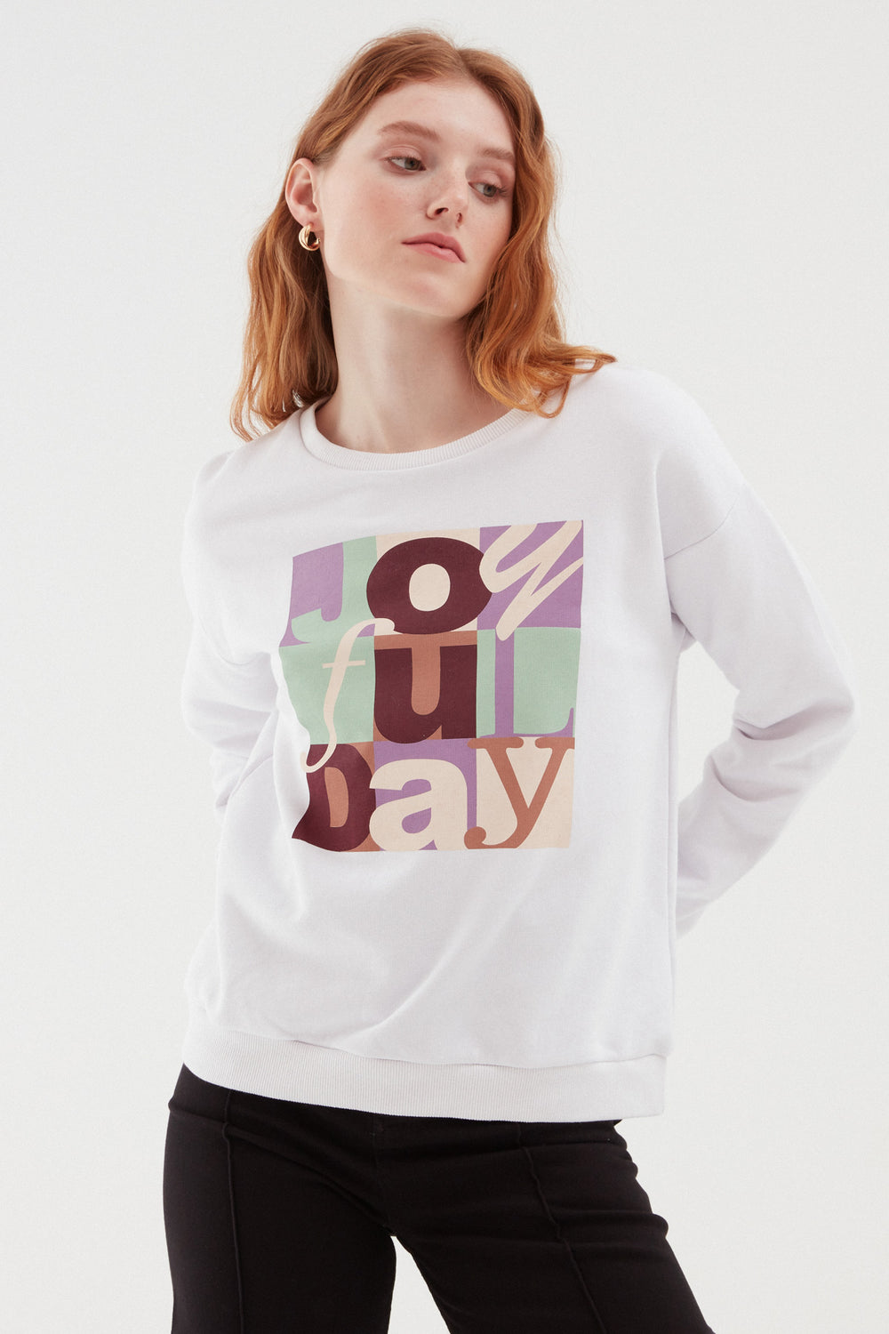 Baskılı Oversize Sweatshirt Ekru