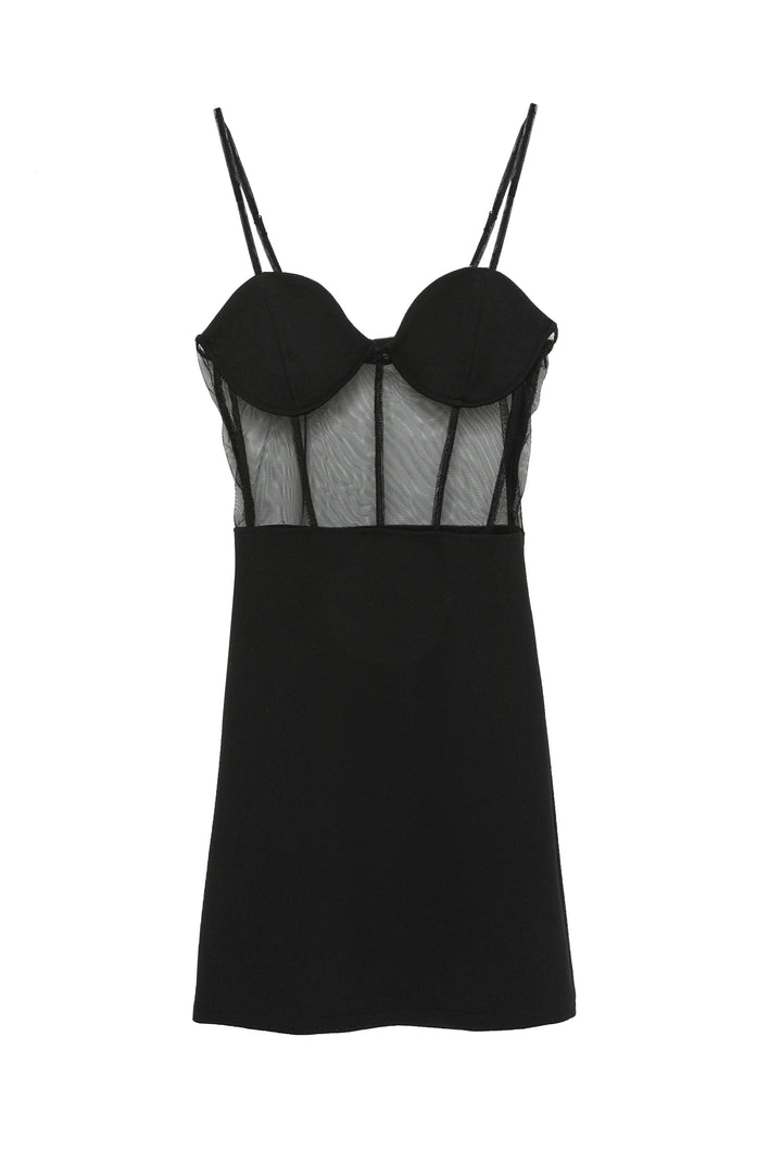Tulle Detailed Strap Mini Dress Black