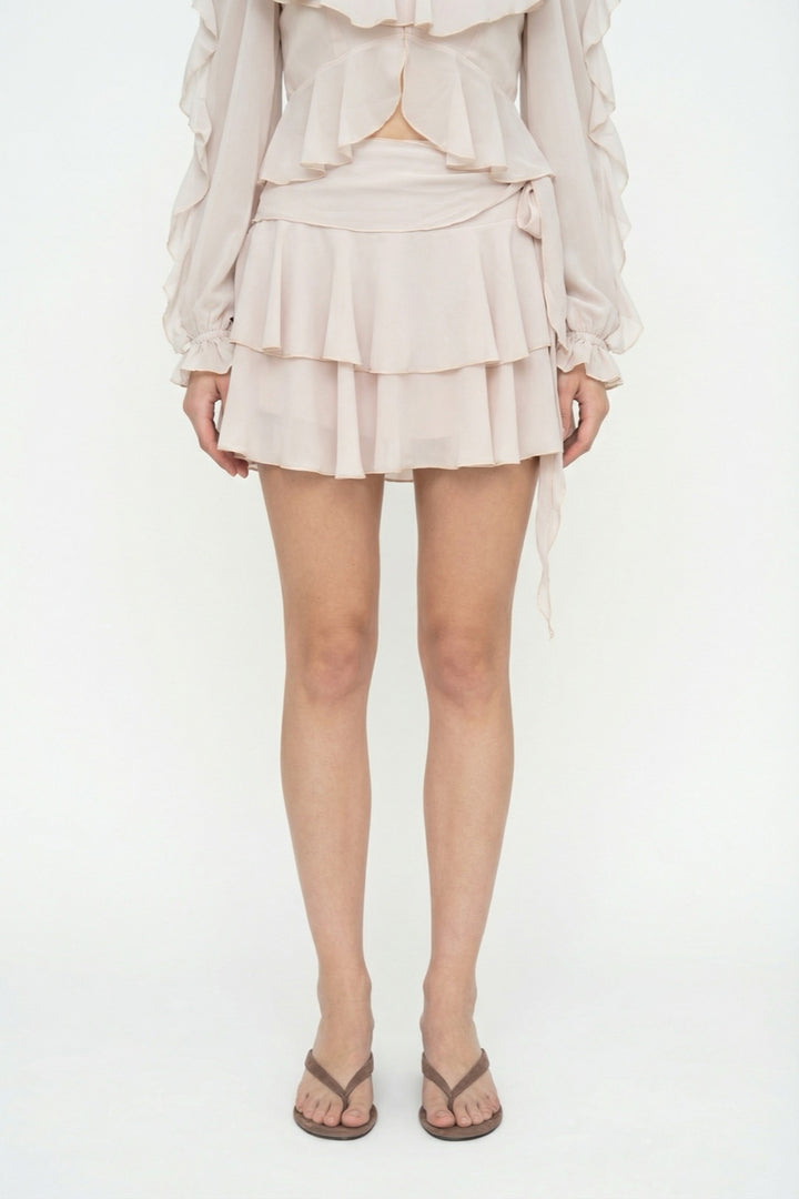 Bağlamalı Fırfırlı Mini Etek Bej