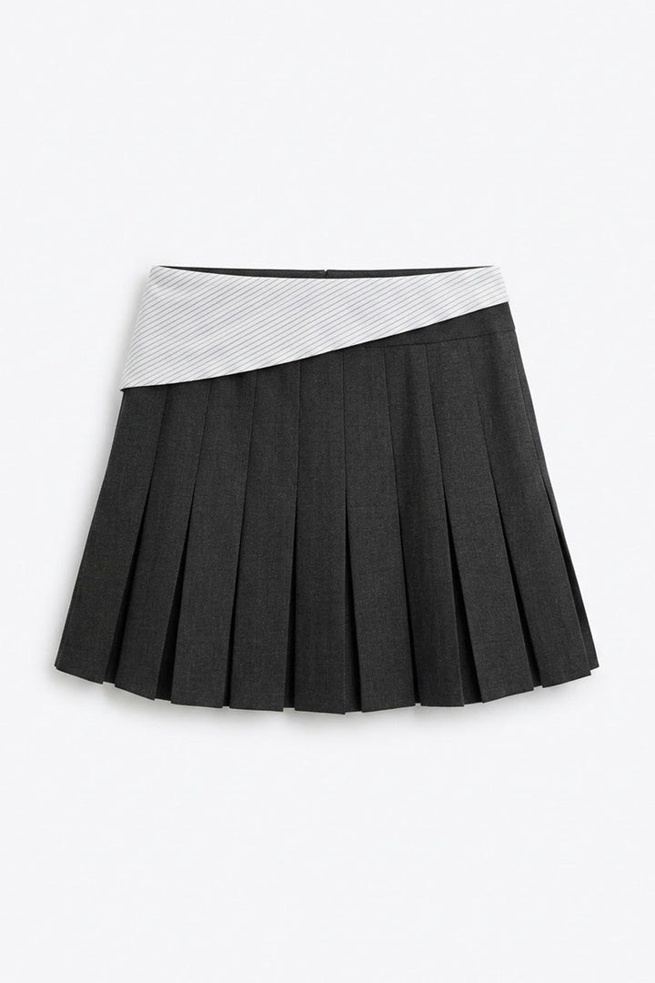 Asimetrik Bel Bantlı Pileli Mini Etek Antrasit