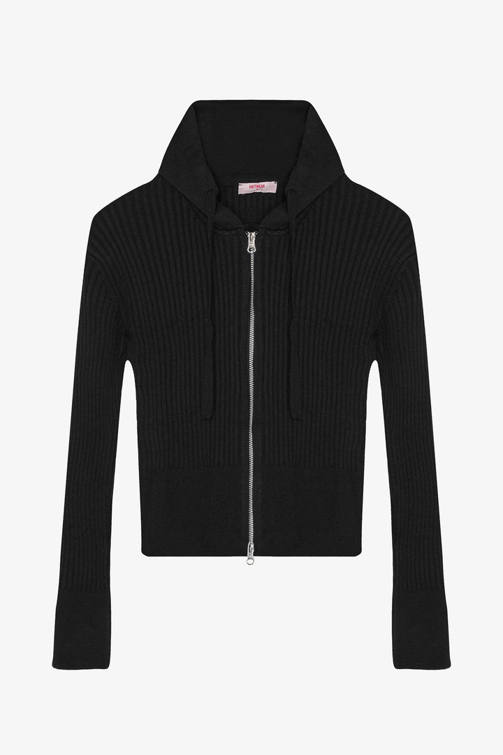 Fermuarlı Kapüşonlu Triko Hırka Siyah