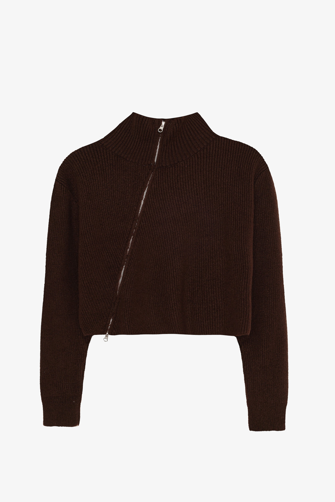 Asimetrik Fermuarlı Triko Kazak Kahverengi